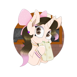 Size: 2000x2000 | Tagged: safe, artist:kathepart, derpibooru import, oc, oc only, oc:kinna-ca, unicorn, accessory, bracelet, collar, ear piercing, eating, hair bun, horn, jewelry, kitchen, looking at you, piercing, simple background, solo, surprised, transparent background