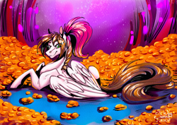 Size: 1600x1130 | Tagged: safe, artist:sunny way, derpibooru import, oc, oc:sunny way, horse, pegasus, pony, g4, art, artwork, cartoon, cute, digital art, feather, female, feral, gold, ipad, lying down, mare, money, pile of gold, reaistic paint studio, smiling, solo, traditional art, watercolor painting, wings