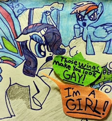 Size: 2761x2993 | Tagged: artist needed, source needed, safe, derpibooru import, rainbow dash, rarity, alicorn, pegasus, pony, unicorn, g4, sonic rainboom (episode), cloudsdale, colored, crappy art, day, female, homophobia, horn, mare, meme, traditional art