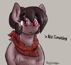 Size: 1115x1016 | Tagged: safe, artist:reddthebat, derpibooru import, oc, oc only, oc:number nine, earth pony, pony, bandana, bust, chest fluff, cigarette, eyebrows, eyebrows visible through hair, female, looking at you, mare, sad, signature, solo