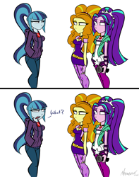 Size: 2912x3700 | Tagged: safe, artist:madragon, derpibooru exclusive, derpibooru import, adagio dazzle, aria blaze, sonata dusk, human, equestria girls, g4, breasts, clothes, comic, denim, eyeshadow, female, gem, hair ornament, hoodie, jacket, jeans, makeup, microphone, open mouth, pants, rainbow rocks 10th anniversary, scrunchie, simple background, sonata bust, spiked headband, spikes, standing, stars, text, the dazzlings, trio, trio female, white background