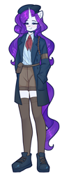 Size: 1184x3000 | Tagged: safe, artist:xjenn9, derpibooru import, rarity, anthro, plantigrade anthro, belt, beret, boots, clothes, coat, cravat, female, hat, shirt, shoes, shorts, simple background, socks, solo, thigh highs, white background