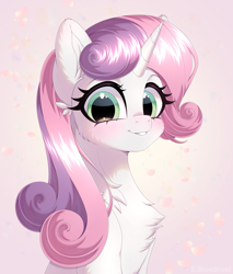 Size: 3500x4100 | Tagged: safe, artist:e-boi, derpibooru import, sweetie belle, pony, unicorn, blushing, bust, chest fluff, cute, diasweetes, ear fluff, ears, female, horn, looking at you, mare, older, older sweetie belle, smiling, smiling at you