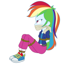 Size: 2000x2000 | Tagged: safe, artist:nie-martw-sie-o-mnie, derpibooru import, rainbow dash, human, dance magic, equestria girls, g4, bondage, bound and gagged, cloth gag, dashsub, equestria girls specials, female, femsub, gag, rope, rope bondage, simple background, sitting, solo, submissive, transparent background