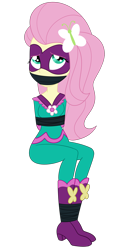 Size: 1400x2966 | Tagged: safe, artist:nie-martw-sie-o-mnie, derpibooru import, fluttershy, saddle rager, human, equestria girls, g4, movie magic, bondage, bound and gagged, butterfly hairpin, domino mask, equestria girls specials, female, femsub, fluttersub, gag, simple background, sitting, solo, submissive, tape, tape bondage, tape gag, transparent background