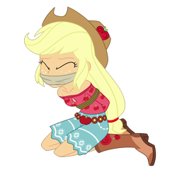 Size: 2000x2000 | Tagged: safe, artist:nie-martw-sie-o-mnie, derpibooru import, applejack, equestria girls, g4, legend of everfree, applesub, bondage, boots, cloth gag, cowboy boots, cowboy hat, eyes closed, female, femsub, gag, hat, kneeling, rope, rope bondage, shoes, simple background, solo, submissive, transparent background