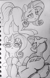 Size: 2650x4081 | Tagged: safe, artist:ponsce, derpibooru import, rarity, sweetie belle, pony, unicorn, butt, dock, duo, ears, face down ass up, female, filly, floppy ears, foal, glasses, horn, lying down, mare, monochrome, on side, plot, rarity's glasses, siblings, sisters, tail, traditional art