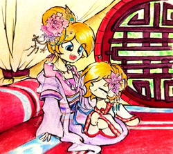 Size: 2789x2491 | Tagged: safe, artist:liaaqila, derpibooru import, oc, oc only, oc:copper moon, pony, equestria girls, g4, china, clothes, dress, duo, flower, flower in hair, smiling, traditional art