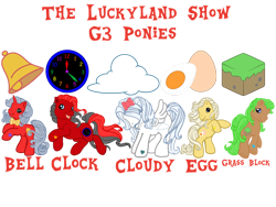 Size: 1032x774 | Tagged: safe, artist:meghan12345, derpibooru import, earth pony, pegasus, pony, unicorn, g3, bell (the luckyland show), bow, bowtie, clock (the luckyland show), cloudy (the luckyland show), cutie mark, egg (the luckyland show), female, grass block (the luckyland show), group, hair bow, hair over one eye, horn, male, mare, necktie, open mouth, open smile, ponified, simple background, smiling, species swap, stallion, the luckyland show, transparent background