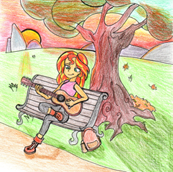 Size: 1316x1310 | Tagged: safe, artist:fleximusprime, derpibooru import, sunset shimmer, human, equestria girls, g4, backpack, bench, guitar, leaves, musical instrument, solo, traditional art, tree