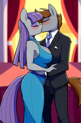 Size: 521x783 | Tagged: safe, ai content, derpibooru import, generator:novelai, generator:stable diffusion, machine learning generated, maud pie, mudbriar, anthro, earth pony, g4, big breasts, blushing, breasts, clothes, dress, duo, eyes closed, female, indoors, kissing, lowres, male, maud pies, prompter:genderface, ship:maudbriar, shipping, smiling, straight