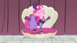 Size: 888x499 | Tagged: safe, derpibooru import, edit, edited screencap, screencap, pinkie pie, g4, over a barrel, caption, clothes, dress, image macro, imgflip, saloon dress, saloon pinkie, solo, text