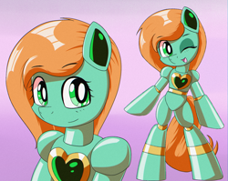 Size: 1910x1519 | Tagged: safe, artist:trackheadtherobopony, derpibooru import, oc, oc:goldheart, pony, robot, robot pony, semi-anthro, gradient background, one eye closed, solo, wink