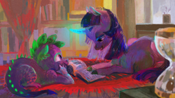 Size: 3840x2160 | Tagged: safe, artist:wolfiedrawie, derpibooru import, spike, twilight sparkle, unicorn twilight, dragon, pony, unicorn, g4, bed, book, duo, female, hourglass, lying down, mare, prone, reading