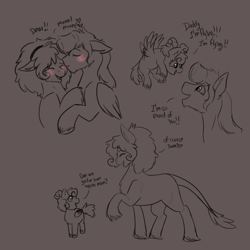 Size: 3000x3000 | Tagged: safe, artist:shamy-crist, derpibooru import, oc, oc only, earth pony, pegasus, female, filly, foal, kissing, male, mare, monochrome, stallion