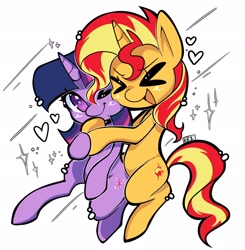 Size: 2010x2048 | Tagged: safe, artist:parappaya, derpibooru import, sunset shimmer, twilight sparkle, pony, unicorn, duo, duo female, eyes closed, female, horn, lesbian, open mouth, shipping, simple background, sunsetsparkle, white background