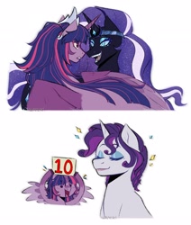 Size: 2200x2600 | Tagged: safe, artist:slapearl, derpibooru import, nightmare rarity, rarity, twilight sparkle, twilight sparkle (alicorn), alicorn, pony, g4, 10, eyes closed, female, holding, lesbian, lips, looking at each other, looking at someone, mare, open mouth, open smile, rarilight, shipping, sign, smiling