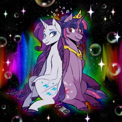 Size: 1400x1400 | Tagged: safe, artist:slapearl, derpibooru import, rarity, twilight sparkle, twilight sparkle (alicorn), alicorn, pony, abstract background, alternate cutie mark, bubble, duo, duo female, female, itunes, lesbian, lips, mare, rarilight, shipping, smiling