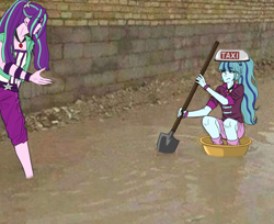 Size: 1532x1249 | Tagged: safe, artist:daazzlin, derpibooru import, aria blaze, sonata dusk, human, equestria girls, g4, duo, duo female, equestria girls in real life, female, flood, irl, meme, photo, shovel