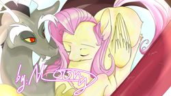 Size: 1920x1080 | Tagged: safe, artist:ninnn263, derpibooru import, discord, fluttershy, draconequus, pegasus, pony, g4, colored sclera, discoshy, eyes closed, female, looking at someone, male, mare, red eyes, shipping, straight, yellow sclera