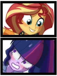 Size: 1536x2048 | Tagged: safe, artist:maximil66748460, derpibooru import, sunset shimmer, twilight sparkle, equestria girls, g4, blushing, commission, duo, female, grin, smiling