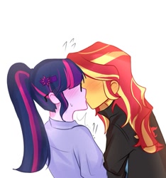 Size: 1287x1373 | Tagged: safe, artist:eddin_sciset, derpibooru import, sci-twi, sunset shimmer, twilight sparkle, equestria girls, g4, blushing, duo, female, hidden eyes, kissing, lesbian, sci-twishimmer, shipping, simple background, sunsetsparkle, white background