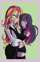 Size: 1328x2048 | Tagged: safe, artist:lux_zeppeli, derpibooru import, sunset shimmer, twilight sparkle, equestria girls, g4, duo, female, grin, lesbian, shipping, smiling, sunsetsparkle