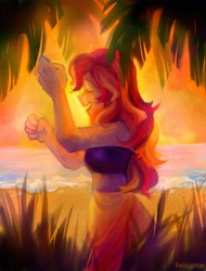 Size: 1645x2160 | Tagged: safe, artist:felixighter, derpibooru import, sunset shimmer, human, equestria girls, g4, beach, clothes, dancing, eyes closed, female, open mouth, palm tree, sarong, smiling, solo, sunset, sunset shimmer's beach shorts swimsuit, swimsuit, tree