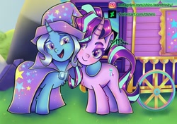 Size: 1600x1127 | Tagged: safe, artist:ttshiro, derpibooru import, starlight glimmer, trixie, pony, g4, antagonist, duo, duo female, female, lesbian, redemption, shipping, startrix, trixie's wagon, wagon