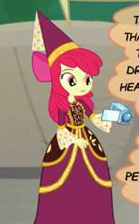 Size: 371x599 | Tagged: safe, artist:ponymaan, derpibooru import, apple bloom, human, equestria girls, for whom the sweetie belle toils, g4, apple bloom's bow, bow, camera, clothes, costume, dress, gown, hair bow, hat, hennin, humanized, jewelry, necklace, princess, princess apple bloom