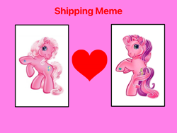 Size: 1024x768 | Tagged: safe, artist:ilovemylittleponygenerations, derpibooru import, edit, pinkie pie (g3), skywishes, earth pony, pony, g3, duo, female, heart, lesbian, mare, meme, pink background, pinkiewishes, red text, ship:pinkiewishes, shipping, simple background