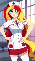 Size: 768x1344 | Tagged: safe, ai content, derpibooru import, machine learning generated, sunset shimmer, human, equestria girls, g4, breasts, clothes, female, human coloration, nurse, prompter:theemperorofhonor, skirt, solo