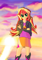 Size: 4322x6220 | Tagged: safe, artist:pawersmile, derpibooru import, sunset shimmer, human, equestria girls, g4, boots, clothes, cloud, crossed arms, evening, female, jacket, ocean, shoes, skirt, solo, standing, sunset, water