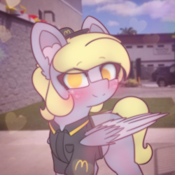 Size: 2664x2664 | Tagged: safe, artist:sodapop sprays, derpibooru import, derpy hooves, oc, oc only, pegasus, pony, series:derpy can't catch a break, blushing, clothes, ear fluff, ears, eye clipping through hair, freckles, irl background, looking at you, mcdonald's, solo, uniform