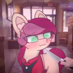 Size: 2664x2664 | Tagged: safe, artist:sodapop sprays, derpibooru import, roseluck, earth pony, pony, series:roseluck can't catch a break, blushing, clothes, eye clipping through hair, knife, knife cat, meme, ponified, ponified meme, solo, uniform, wendy's