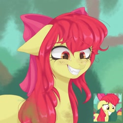 Size: 2048x2048 | Tagged: safe, artist:engelsschwarz, derpibooru import, apple bloom, earth pony, pony, g4, growing up is hard to do, dirty, ears, fangs, female, floppy ears, forest, grin, mare, messy mane, nature, older, older apple bloom, scene interpretation, smiling, solo, tree