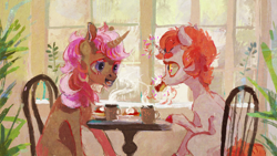 Size: 3840x2160 | Tagged: safe, artist:wolfiedrawie, derpibooru import, oc, oc only, pony, unicorn, cafe, cup, curved horn, duo, eating, food, horn, mug, pastry