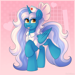 Size: 3000x3000 | Tagged: safe, artist:madelinne, derpibooru import, oc, oc only, alicorn, :p, alicorn oc, bow, female, gradient background, horn, long hair, mare, nurse, solo, tongue, tongue out, wings