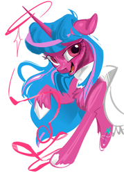 Size: 780x1092 | Tagged: safe, artist:beherelongtime, derpibooru import, oc, oc only, oc:echoshade, pony, unicorn, fanfic:song of seven, blue mane, clothes, clothing, cutie mark, hooves, horn, magic, pink coat, pink eyes, raised hoof, raised leg, scarf, simple background, solo, two toned mane, unicorn oc, white background, white hooves