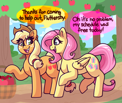 Size: 2500x2095 | Tagged: safe, artist:graphenescloset, derpibooru import, applejack, fluttershy, earth pony, pegasus, pony, apple, apple tree, dialogue, duo, duo female, female, food, incentive drive, speech bubble, this will end in weight gain, tree, weight gain sequence