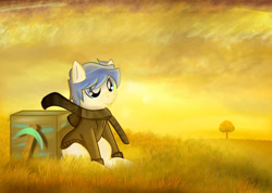 Size: 1058x755 | Tagged: safe, artist:pawersmile, derpibooru import, oc, oc only, earth pony, pony, clothes, diamond ore, diamond pickaxe, minecraft, pickaxe, scarf, sitting, smiling, solo, sunset, sweater