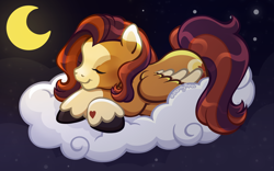 Size: 2400x1500 | Tagged: safe, artist:sparkytopia, derpibooru import, oc, oc only, oc:october moon, pegasus, pony, g3, colored hooves, colored wings, eyes closed, facial markings, g3 oc, hoof fluff, hooves, nonbinary, orange coat, sleeping, solo, unshorn fetlocks, wings, ych result