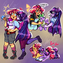 Size: 1280x1280 | Tagged: safe, artist:opalwasnthere, derpibooru import, sci-twi, spike, sunset shimmer, twilight sparkle, pony, unicorn, equestria girls, g4, duo, female, horn, lesbian, plushie, sci-twishimmer, shipping, sunsetsparkle