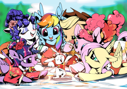 Size: 750x528 | Tagged: safe, artist:ninnn263, derpibooru import, applejack, fluttershy, pinkie pie, rainbow dash, rarity, twilight sparkle, alicorn, earth pony, pegasus, pony, unicorn, horn, mane six, solo