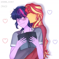 Size: 1530x1532 | Tagged: safe, artist:eddin_sciset, derpibooru import, sci-twi, sunset shimmer, twilight sparkle, equestria girls, g4, duo, female, kissing, lesbian, sci-twishimmer, shipping, sunsetsparkle