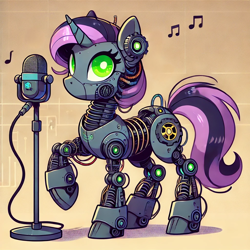 Size: 1400x1400 | Tagged: safe, ai content, derpibooru import, generator:dall-e 3, machine learning generated, pony, robot, robot pony, unicorn, horn, microphone, music notes, prompter:teonanakatle, raised hoof, raised leg