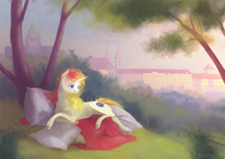 Size: 2480x1755 | Tagged: safe, artist:wolfiedrawie, derpibooru import, oc, oc only, oc:miss libussa, pony, unicorn, female, horn, lidded eyes, lying down, mare, on side, pillow, scenery, solo, tree, under the tree