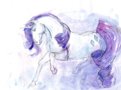 Size: 1200x895 | Tagged: safe, artist:wolfiedrawie, derpibooru import, rarity, horse, unicorn, g4, aquarelle, female, hoers, horn, mare, solo, traditional art, watercolor painting