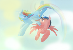 Size: 2902x1997 | Tagged: safe, artist:wolfiedrawie, derpibooru import, rainbow dash, oc, pegasus, pony, g4, duo, female, flying, looking at each other, looking at someone, male, mare, stallion