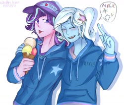 Size: 1443x1223 | Tagged: safe, artist:eddin_sciset, derpibooru import, starlight glimmer, trixie, equestria girls, g4, duo, female, food, ice cream, lesbian, shipping, startrix